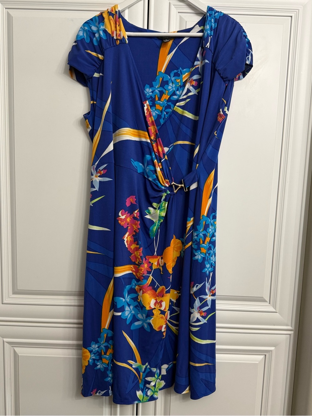 Alfani Sz XL Royal Blue Floral Midi Wrap Dress w/Gold Buckle Cap Sleeves V-Neck